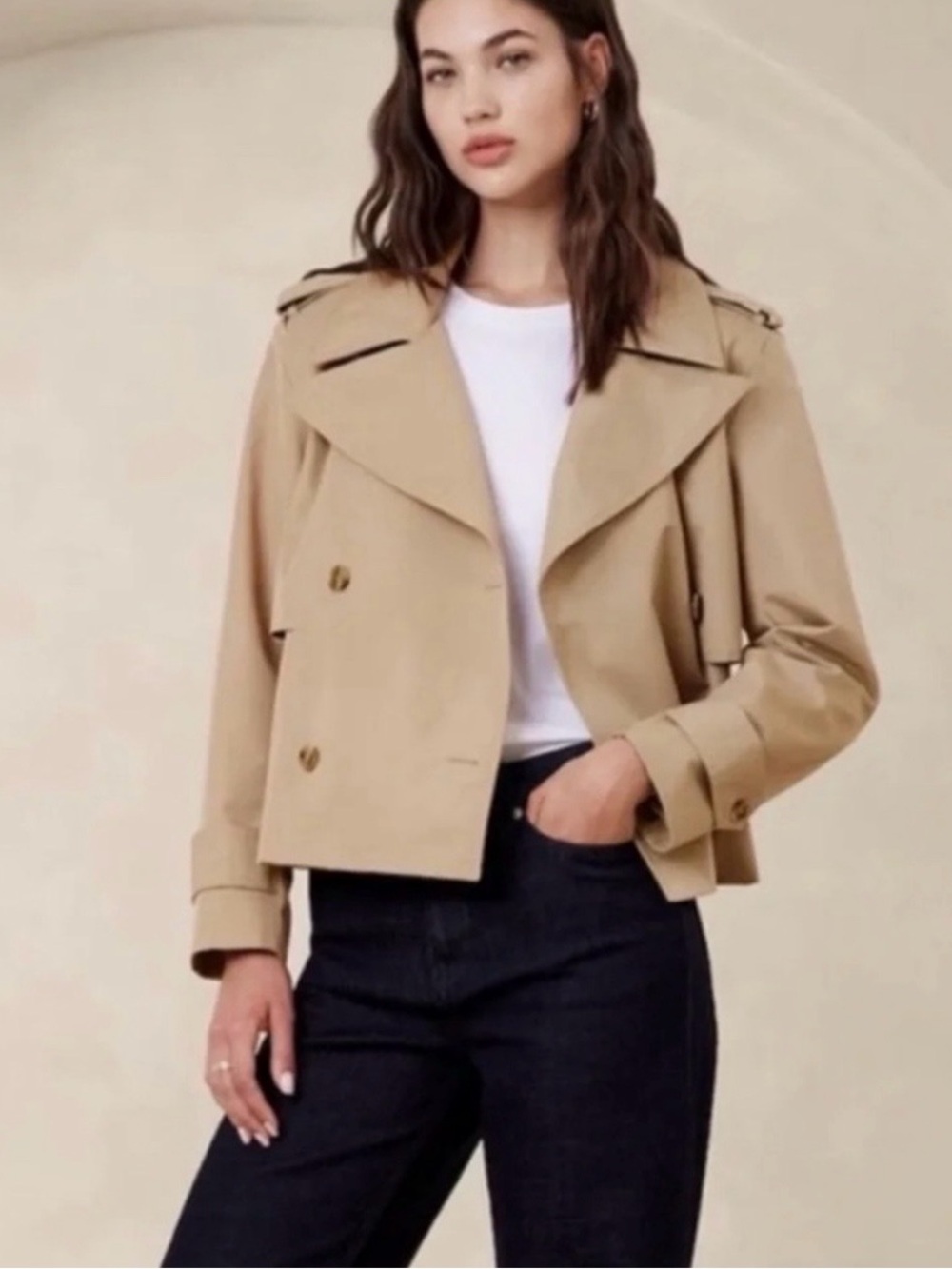 Banana Republic Cropped Tan Double-Breasted Trench Coat - Picture 3 of 11